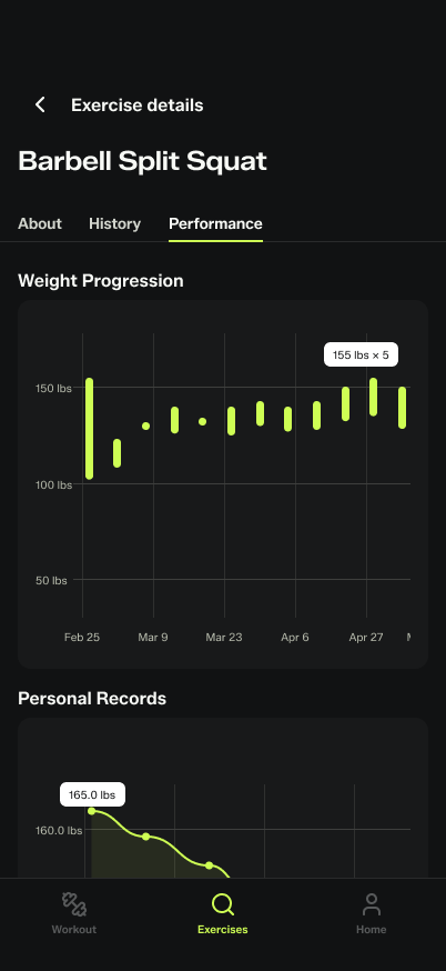 Exercise performance screen in the Gymrapp app