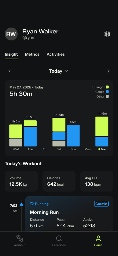 Profile metrics screen in the Gymrapp app